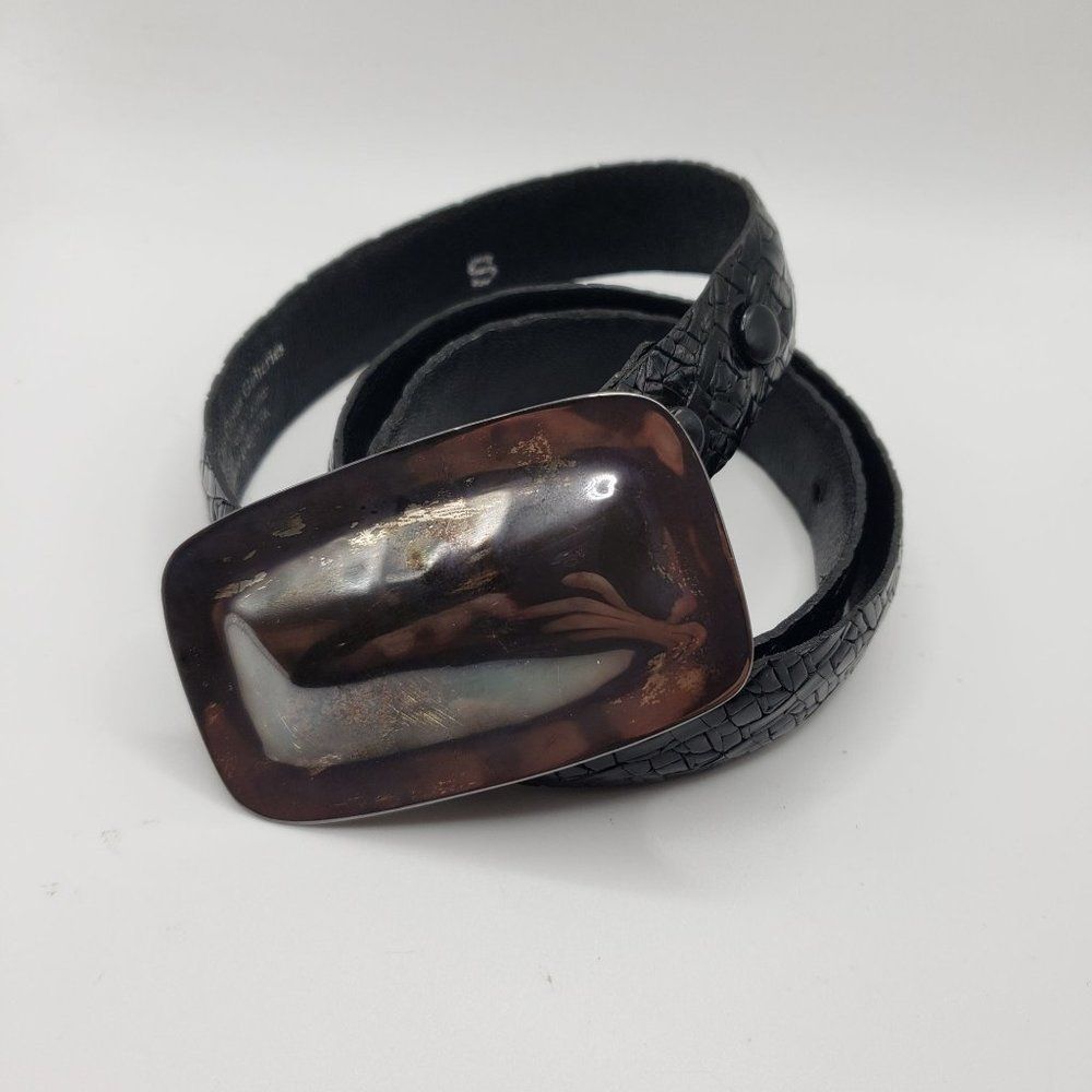 Elaine Coyne Vintage Black Italian Leather Pewter  Oversized Buckle Belt Made In